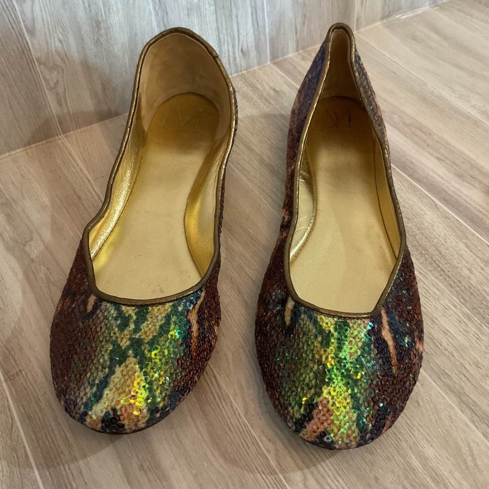 Diane von Furstenberg DVF Iridescent Sequin Snakeskin Ballet Flats Green 8 1/2M